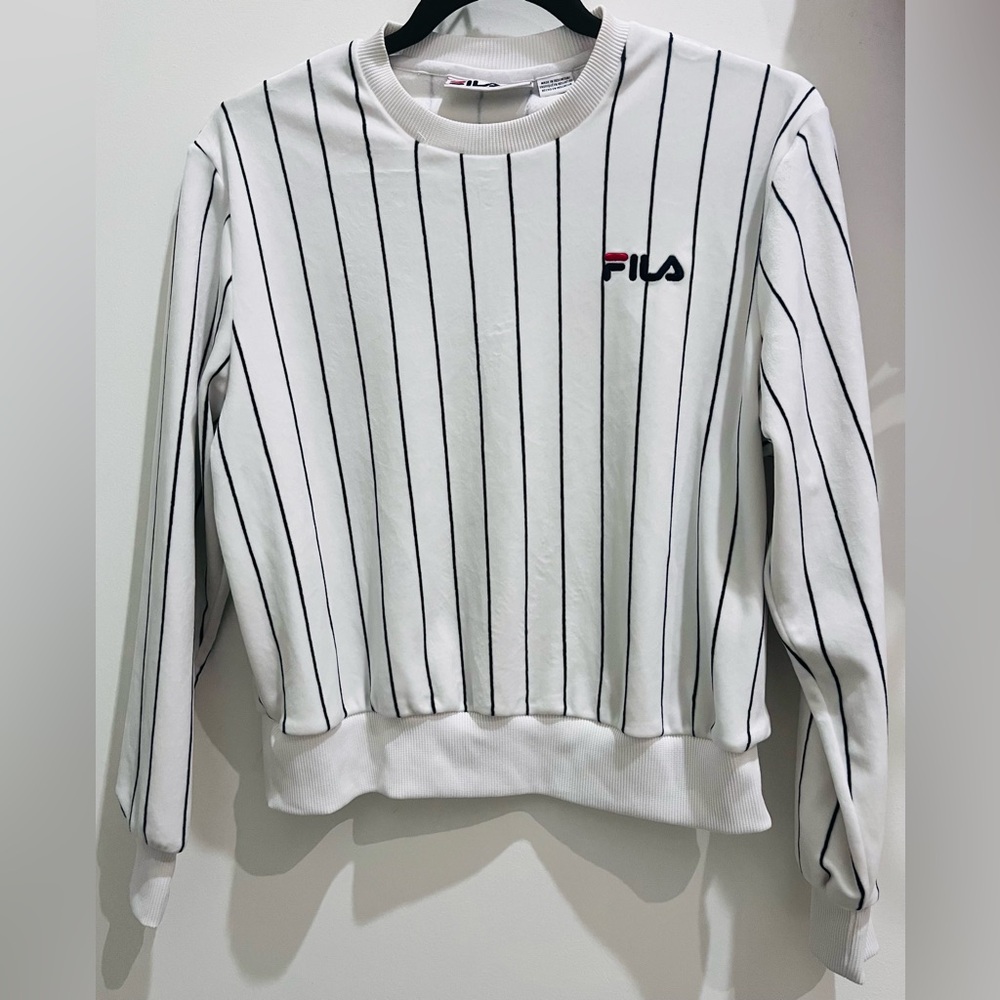 Fila Women's White Velour Sweatshirt with Navy Blue Stripes